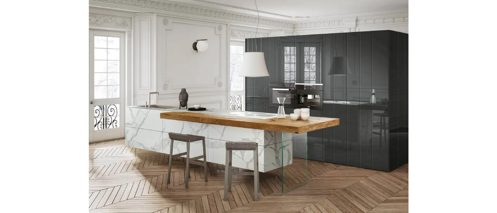 Cucina Design lineare con penisola in legno di Rovere 36e8 Marble XGlass Statuario di Lago