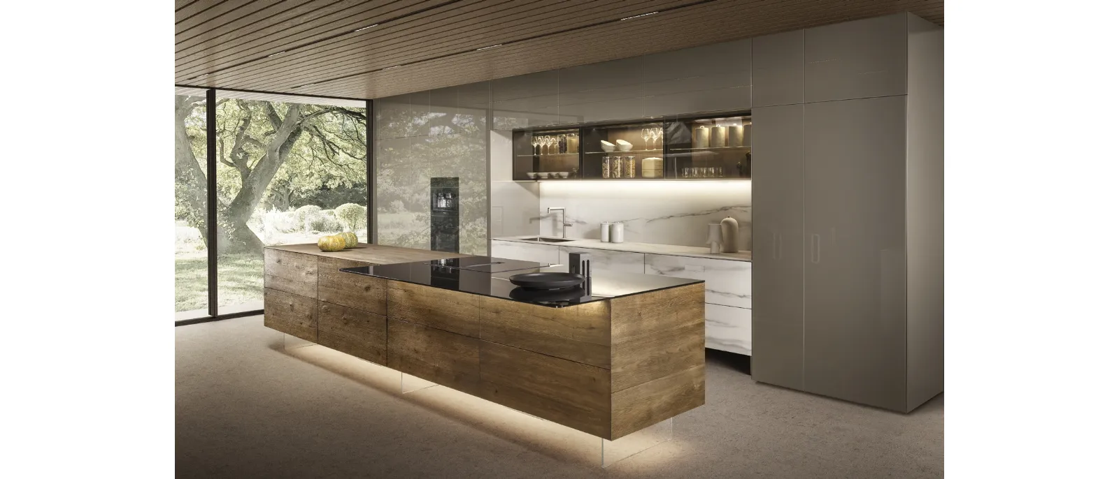 Cucina Design con isola 36e8 Project 2811 in legno e vetro di Lago
