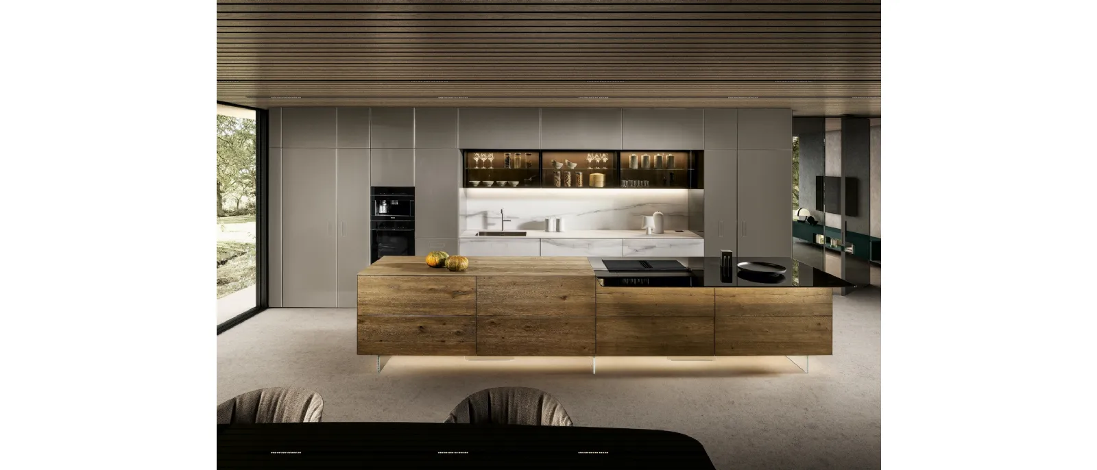 Cucina Design con isola 36e8 Project 2811 in legno e vetro di Lago