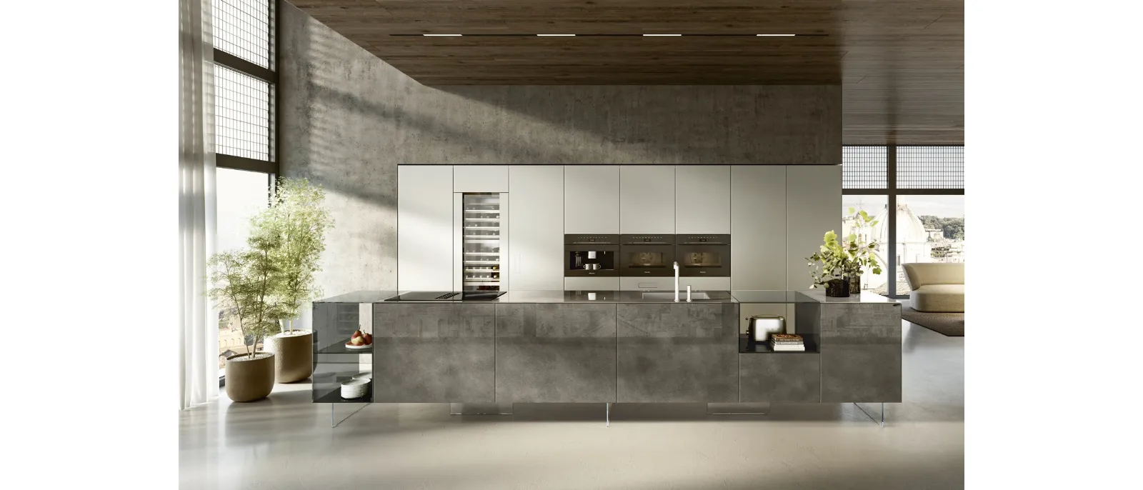 Cucina Design con isola 36e8 Project 2812 in vetro di Lago