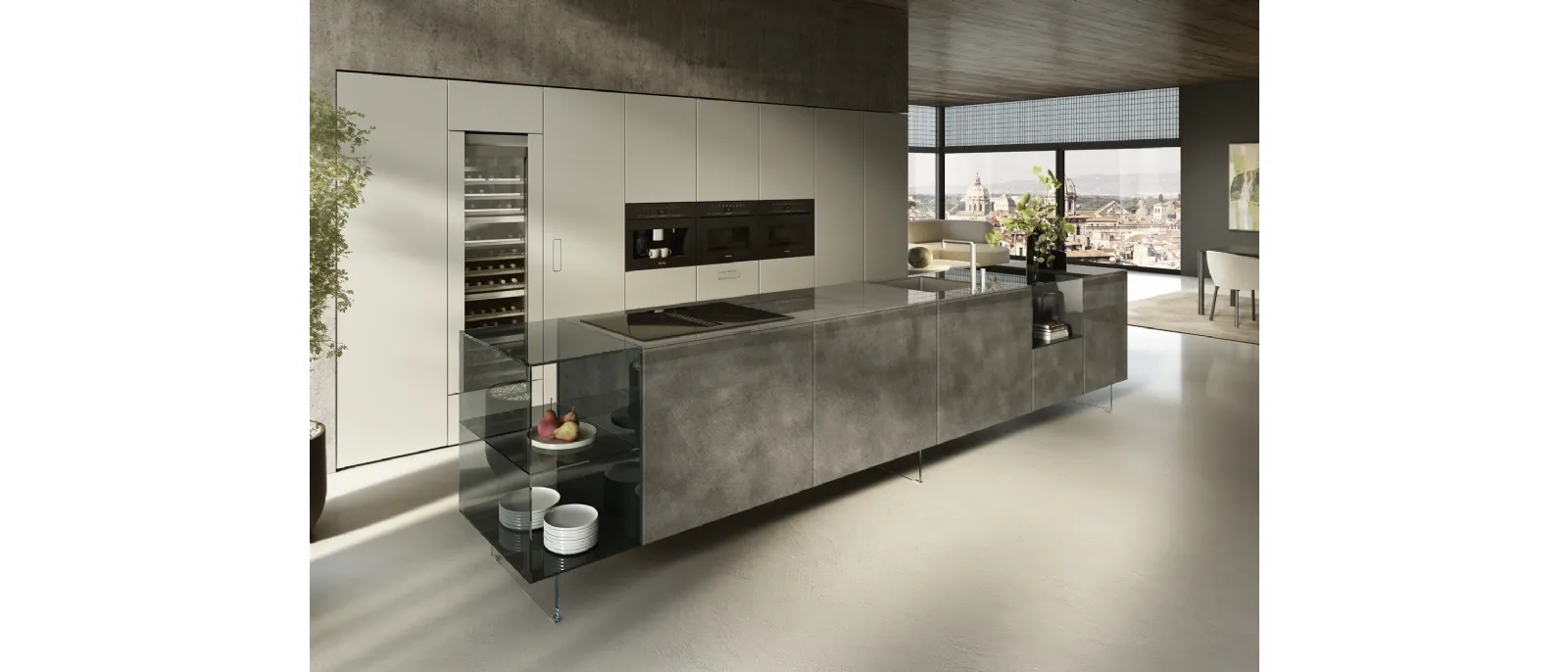 Cucina Design con isola 36e8 Project 2812 in vetro di Lago