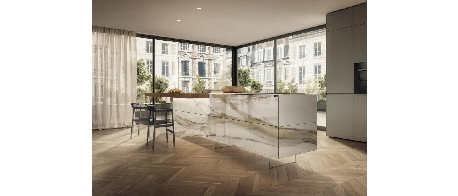 Cucina Design con isola 36e8 Project 2813 in vetro effetto marmo di Lago