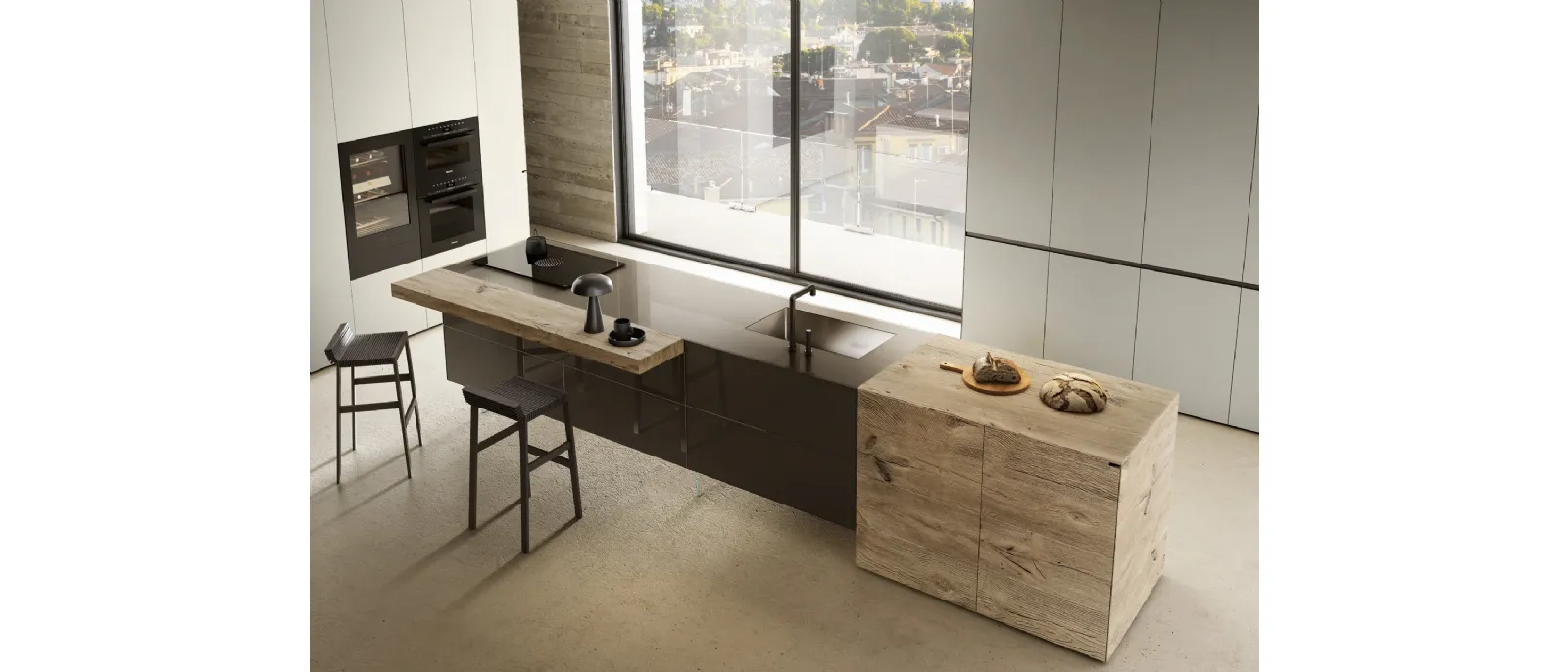 Cucina Design con isola 36e8 Project 2816 in vetro e legno di Lago