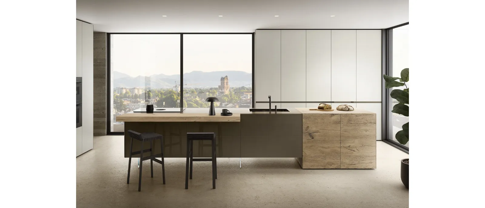 Cucina Design con isola 36e8 Project 2816 in vetro e legno di Lago