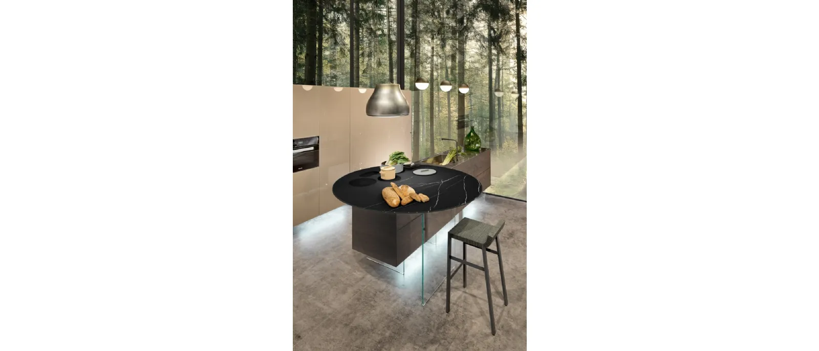 Cucina Design Air in legno con penisola con fuochi integrati in Marble XGlass Marquina di Lago