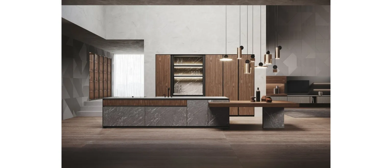 Cucina Design in Noce Canaletto con isola in hpl finitura pietra Alicante Avola di Binova