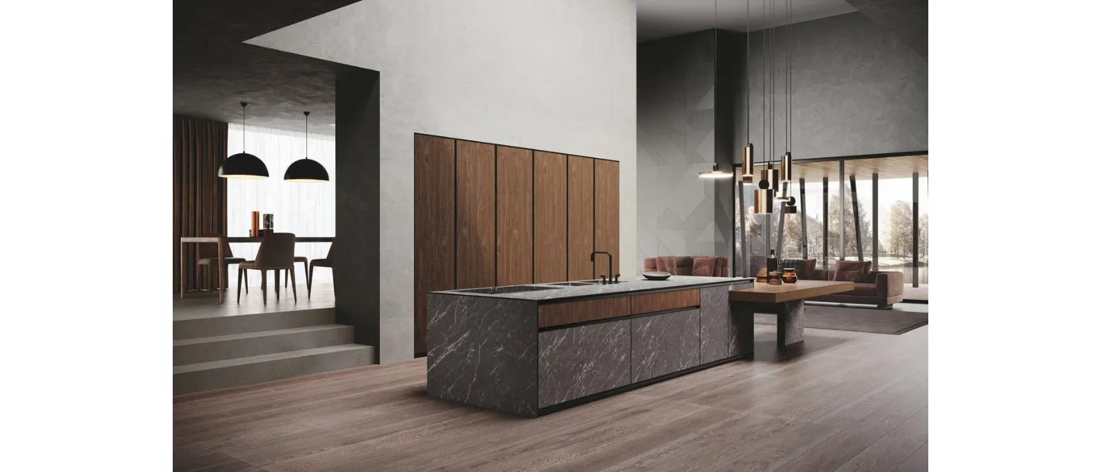 Cucina Design con isola Avola in legno e gres di Binova
