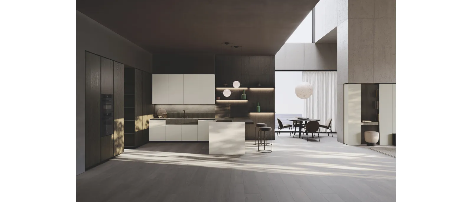 Cucina Design con penisola Balance Superlac in laccato e bilaminato rovere di Binova