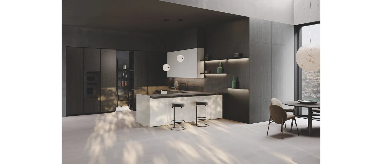 Cucina Design con penisola Balance Superlac in laccato e bilaminato rovere di Binova