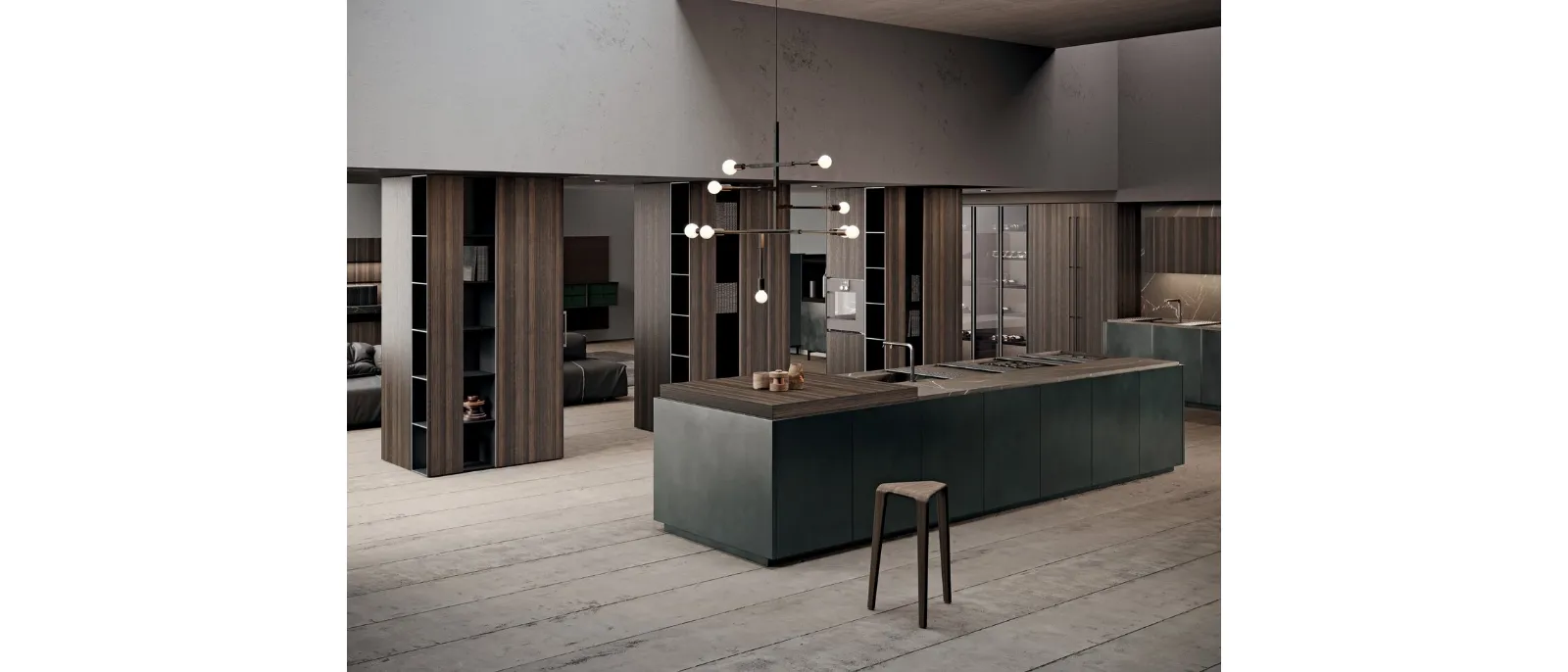 Cucina Design con isola in laccato effetto metallico e bilaminato effetto legno con top in gres Scava di Binova