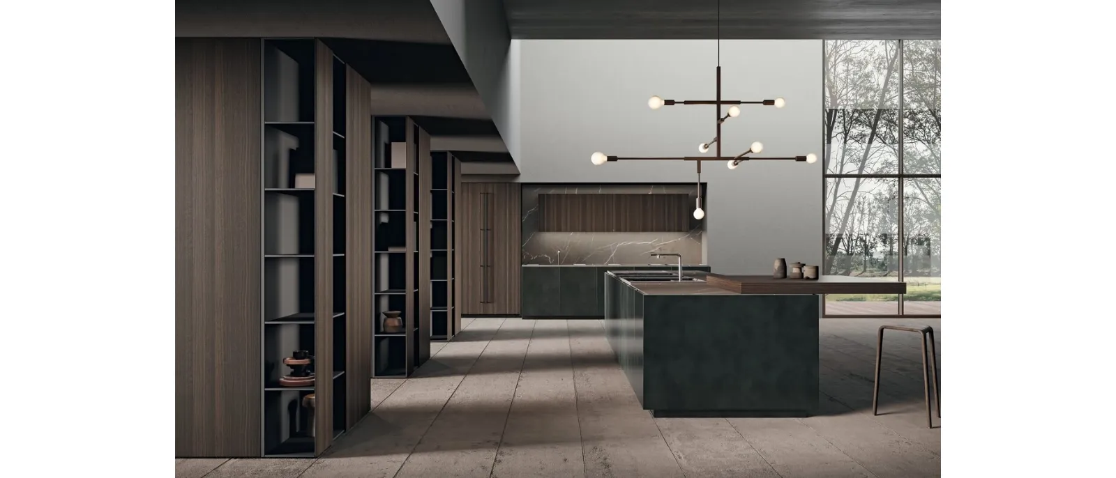 Cucina Design con isola in laccato effetto metallico e bilaminato effetto legno con top in gres Scava di Binova