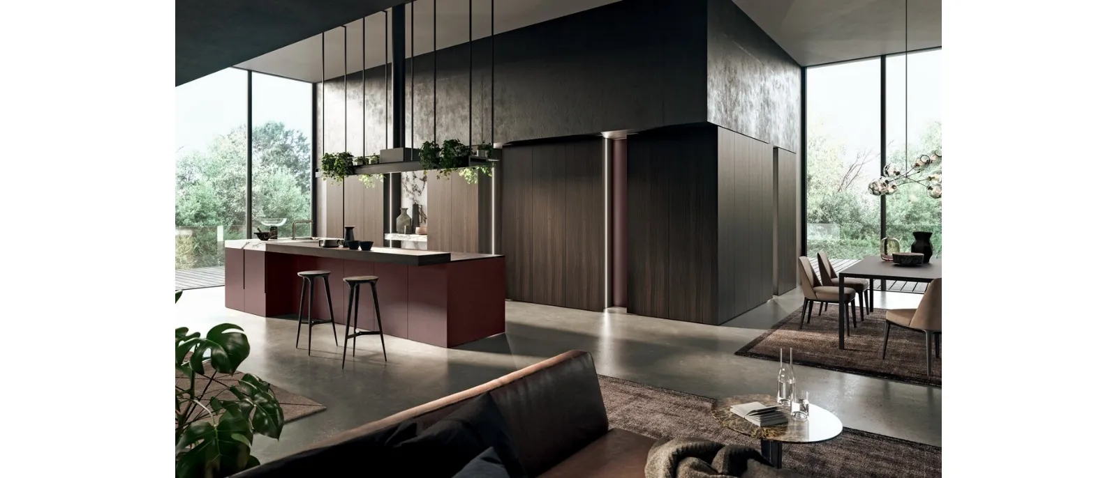 Cucina Design con isola in laccato metal Amaranto e legno con top in gres Vogue Metal 4|0 di Binova