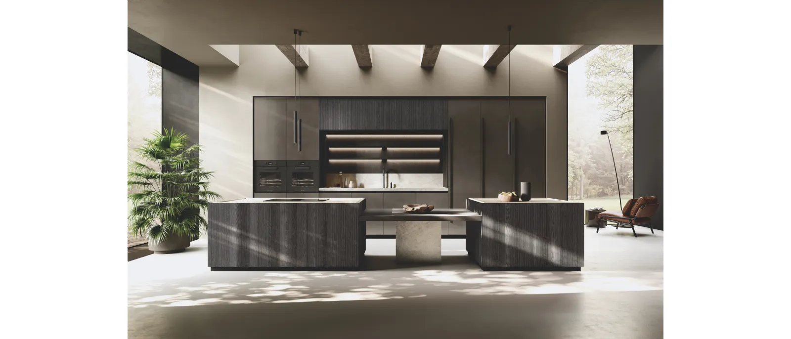 Cucina Design in laccato Metal con isola Bluna Legno Rigato di Binova