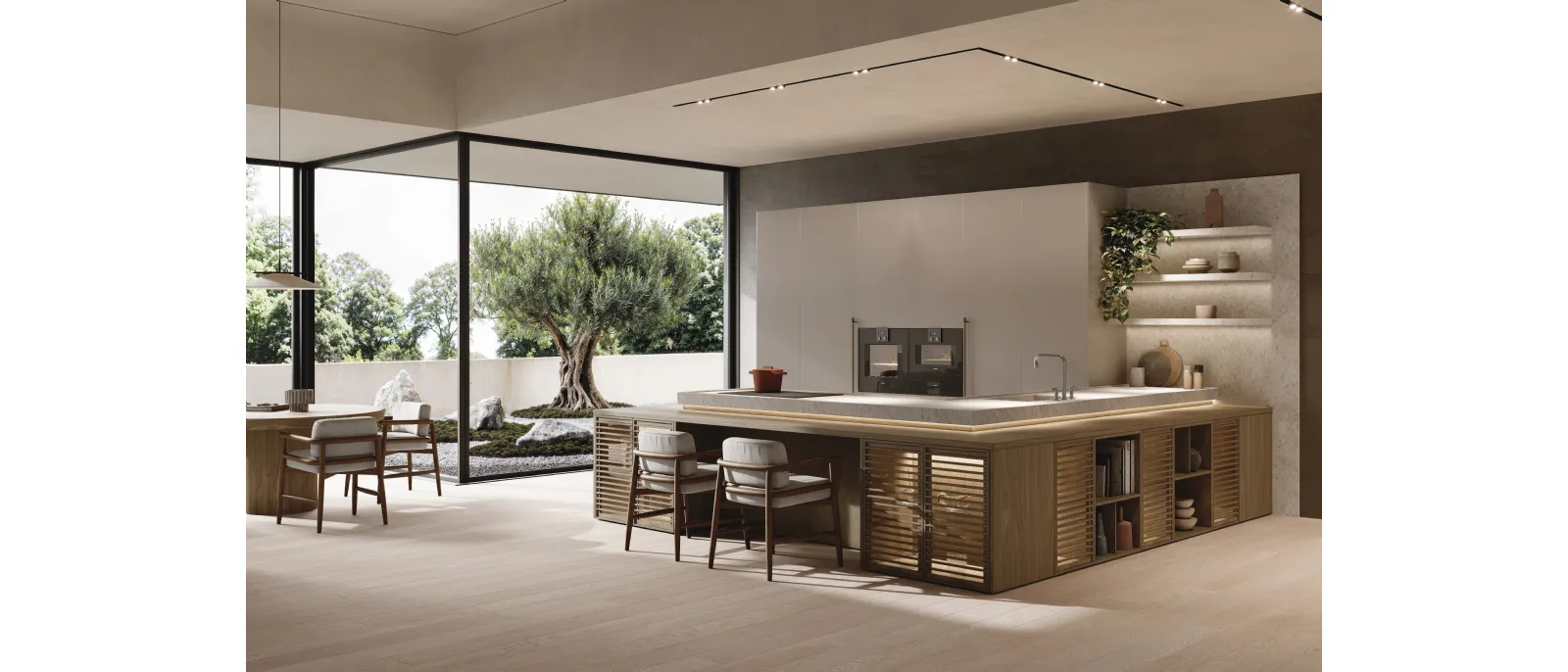 Cucina Design con penisola Bluna + Zen in alluminio e noce di Binova