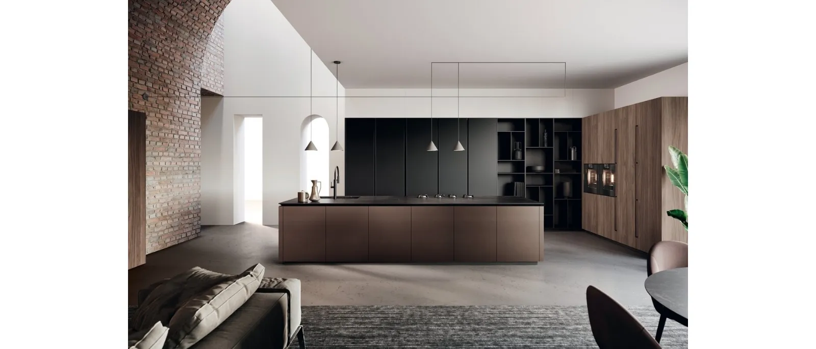 Cucina Design in laccato Nero e laccato alluminio brunito, vetro e bilaminato noce con isola Lab di Binova