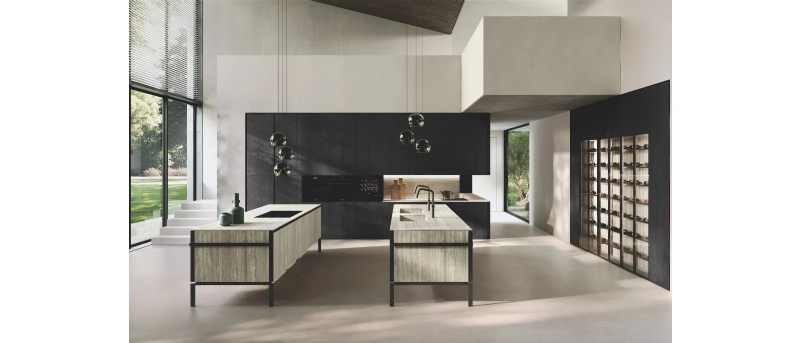 Cucina Design in bilaminato Rovere Black con doppia isola Lab Gres di Binova