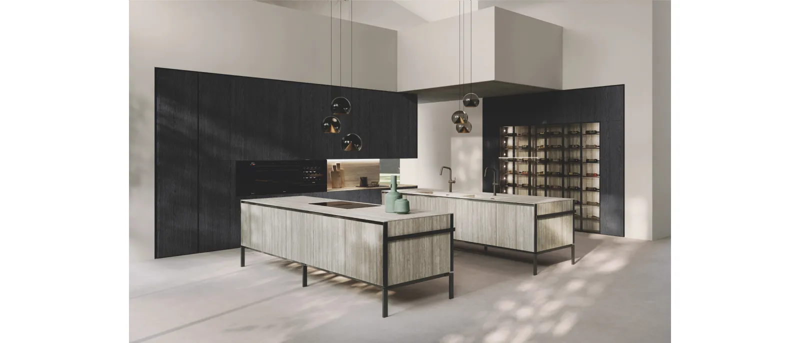 Cucina Design in bilaminato Rovere Black con doppia isola Lab Grès di Binova