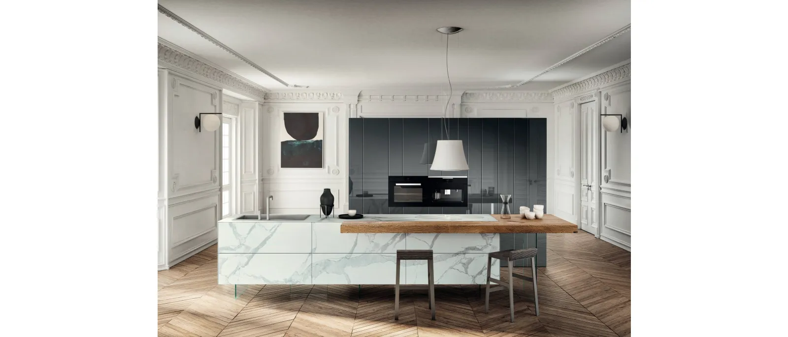 Cucina Design con isola 36e8 Marble XGlass 1087 in vetro effetto marmo e legno di Lago