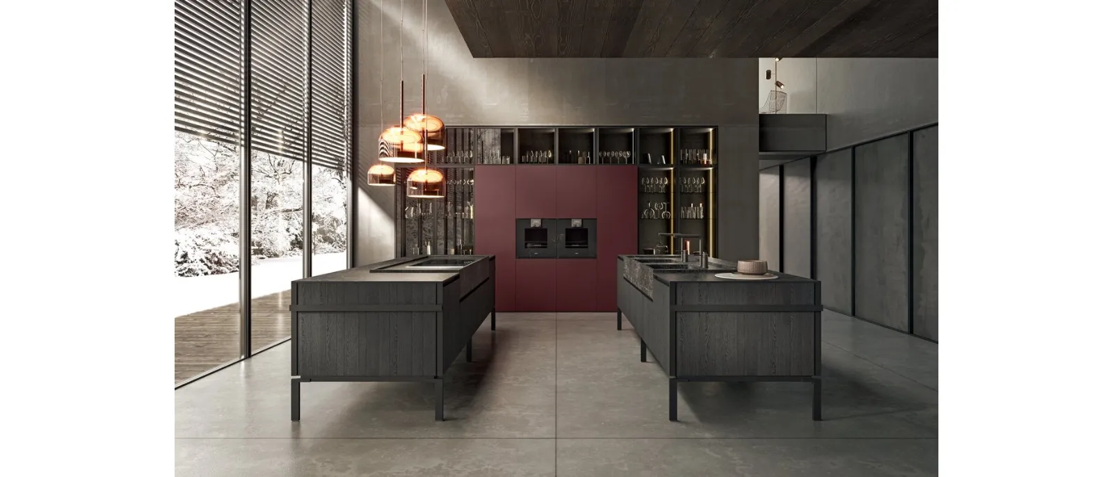 Cucina Design con doppia isola in legno finitura Rovere Vesuvio, top in gres e piedi in metallo Regula di Binova