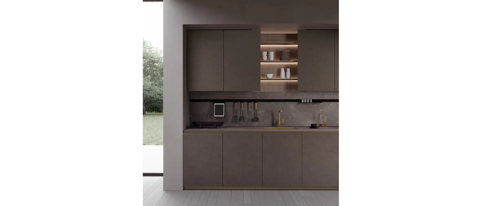 Cucina Design con anta in alluminio laccato Dust Bronze e piano in MDI T80 Bronze di Zecchinon Cucine