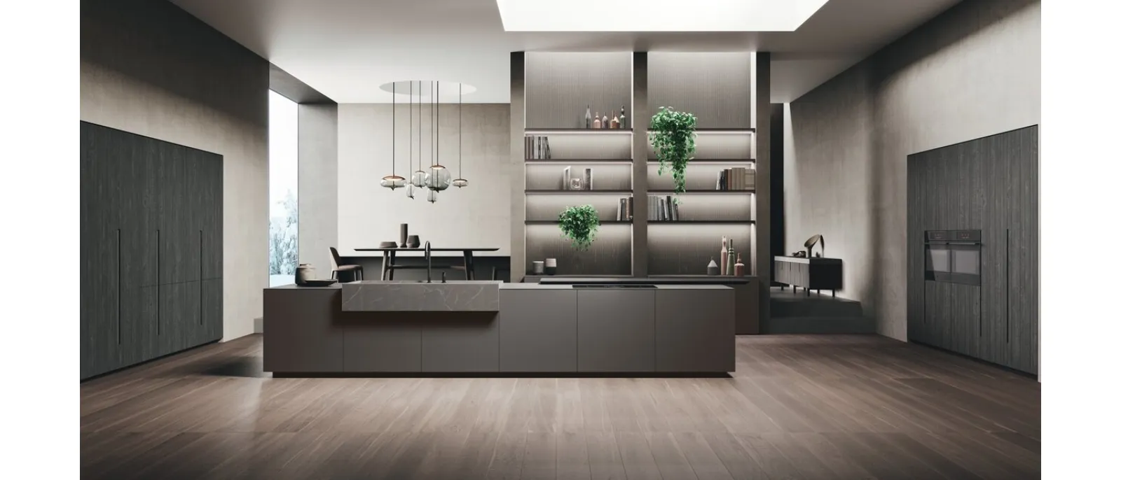 Cucina Design con isola Vogue Legno in laccato opaco, gres e rovere di Binova