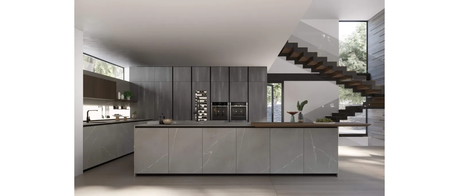 Cucina Design con isola T70 02 in laminato finitura pietra piasentina di Zecchinon Cucine