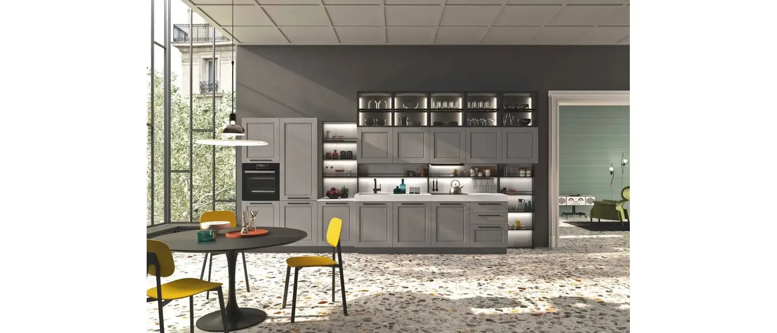 Cucina Moderna lineare in legno laccato platino e top in HPL Cloe 02 di Ar-Tre