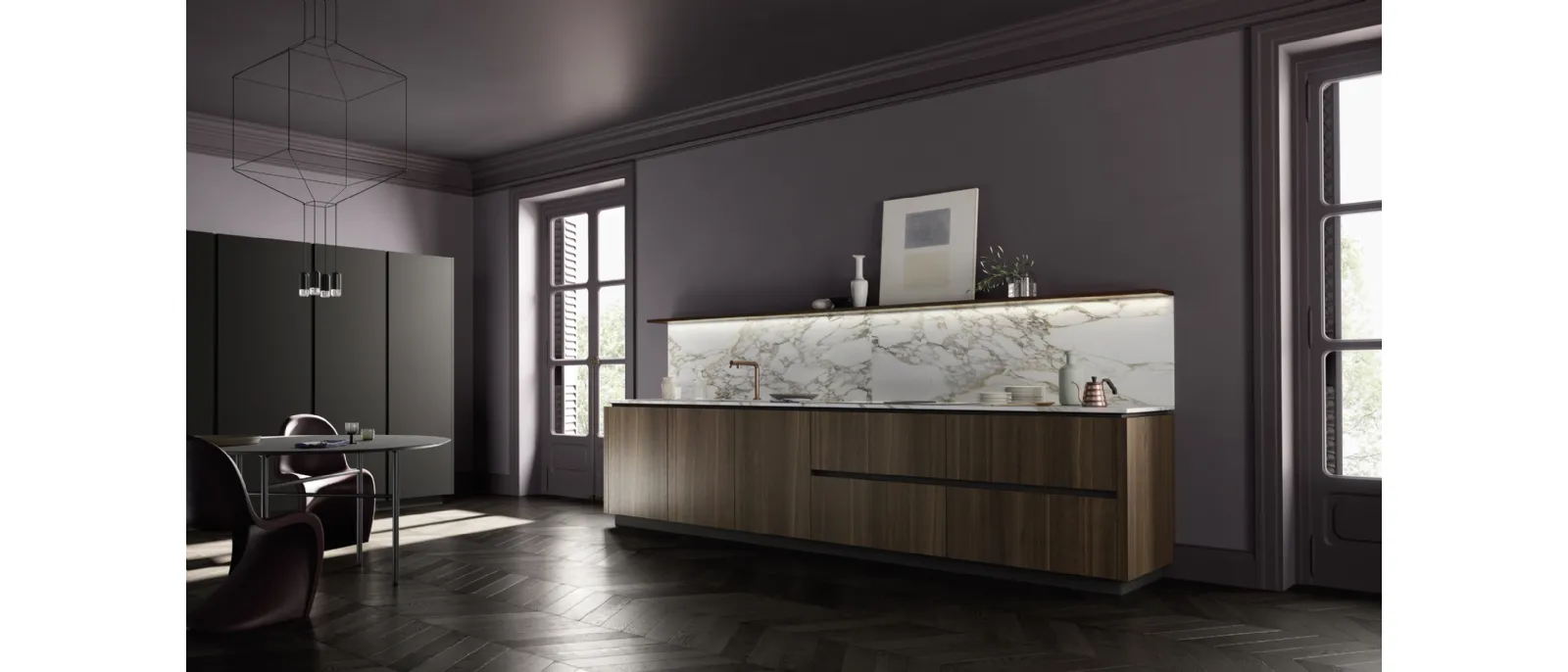 Cucina Moderna lineare M2 Goccia in Rovere termotrattato con top e schienale in Marmo Calacatta Oro di Meson's Cucine