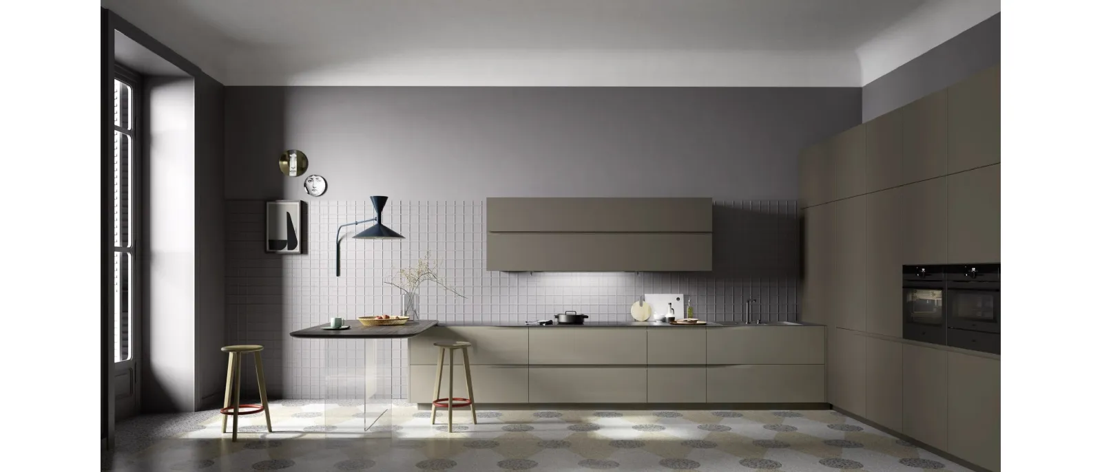 Cucina Moderna lineare in laccato lucido Visone e laccato opaco Terranova con penisola in essenza Rovere termotrattato M6 Vela di Meson's Cucine