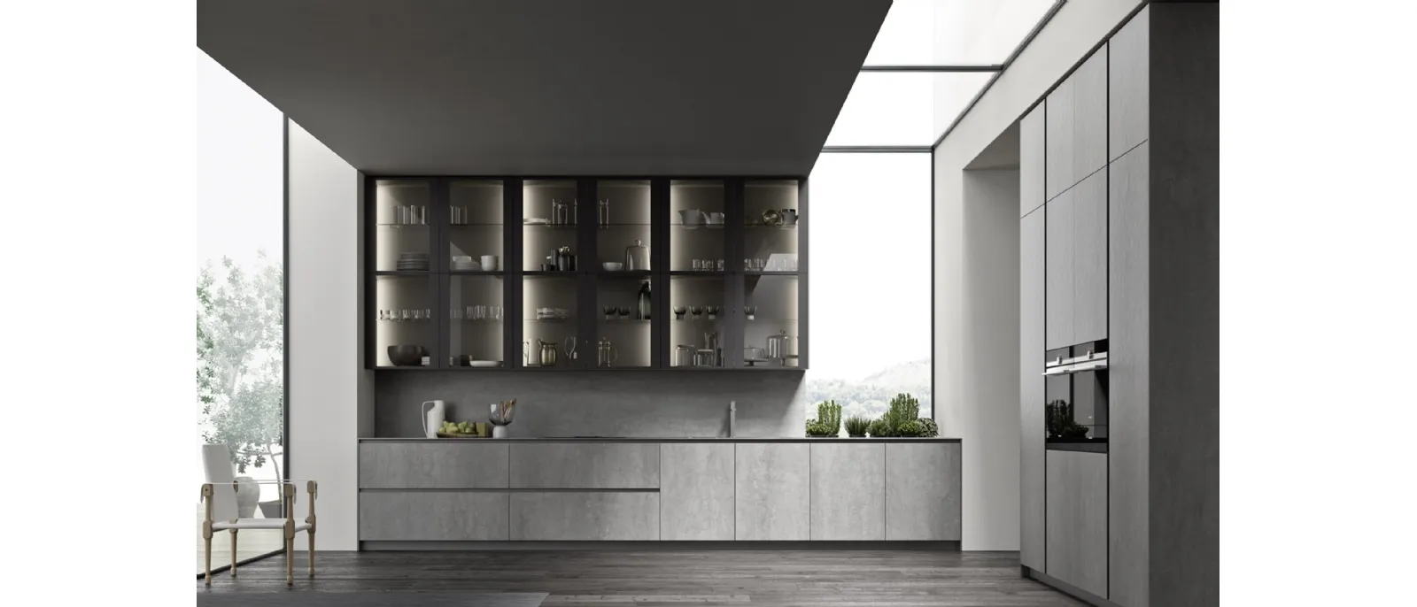 Cucina Moderna ME Materia in laminam Pietra di Savoia Grigia Bocciardata con pensili in vetro con telaio Brown di Meson's Cucine