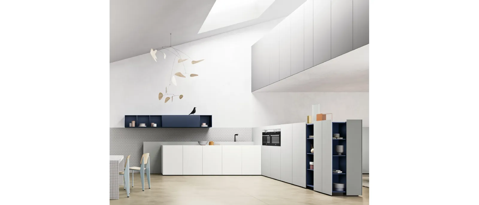 Cucina Moderna ad angolo ME Slim in Fenix Bianco, Grigio Efeso e Blu Fes di Meson's Cucine