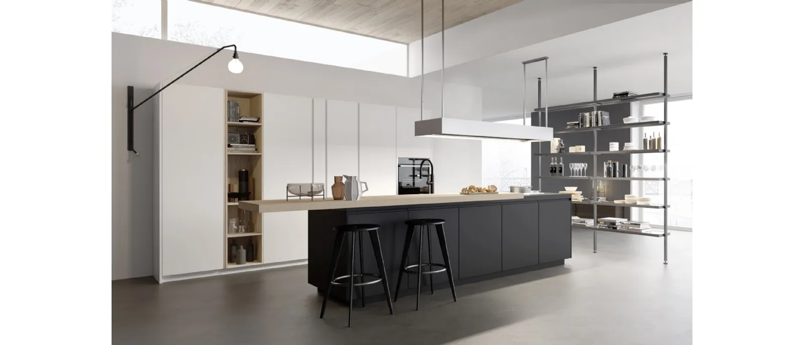 Cucina Moderna M2 Linea con isola in Fenix Nero e penisola in essenza Olmo sbiancato di Meson's Cucine