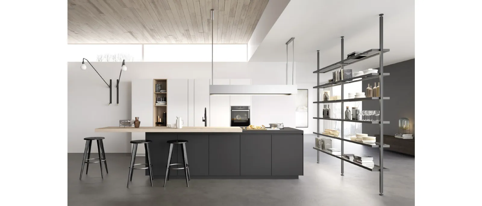 Cucina Moderna M2 Linea con isola in Fenix Nero e penisola in essenza Olmo sbiancato di Meson's Cucine