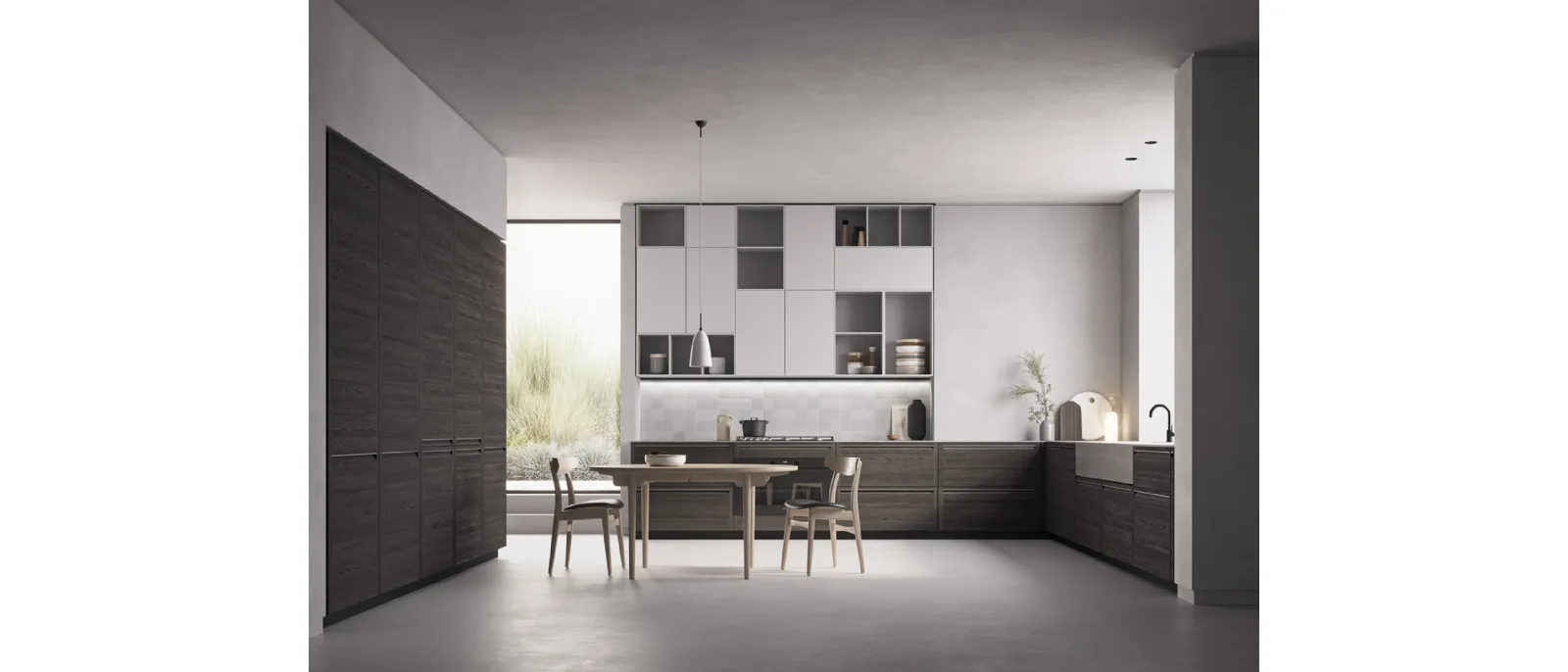 Cucina Moderna angolare M2 Memo in essenza Olmo Grigio e laccato opaco Efeso con top in Laminam Pietra di Savoia Grigia Bocciardata di Meson's Cucine