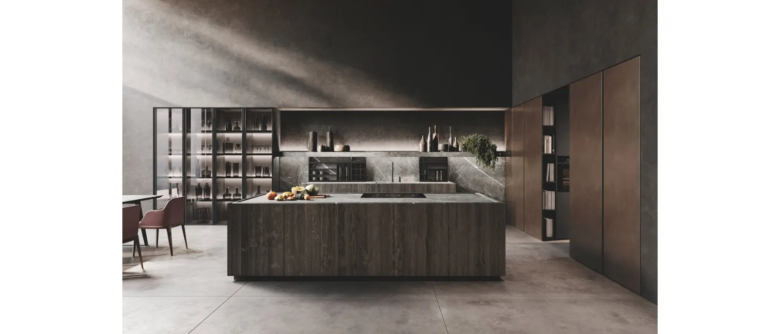 Cucina Design con isola in legno di Abete Nero e gres finitura marble grey e colonne in laccato metal Bluna Metal 4|0 di Binova
